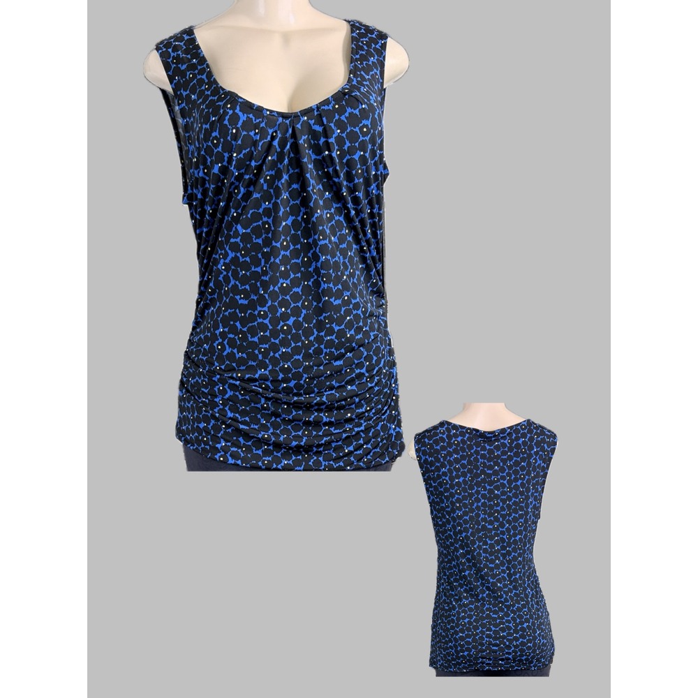 New York & Company L Blue Black Abstract Dot Ruched Sides Sleeveless Blouse